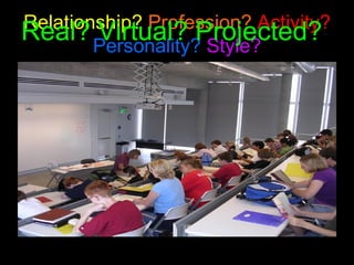 Relationship?   Profession?   Activity?   Personality?   Style? Real? Virtual? Projected? 
