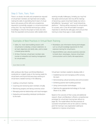 Step 3: Train, Train, Train
     There is no doubt; the skills and competencies required       working virtually challenging. Similarly, you may find
     of virtual team members are high level and complex,           that great communicator who has all the makings
     making the odds of assembling that A-team of virtual          of becoming a great virtual team leader, but who is
     teams who possess all the skills and competencies             befuddled by “groupware” and “social networking
     required to successfully navigate in a virtual environment    platforms”. Training will be necessary for virtual teams
     a long shot. You may find that technical guru whose           to succeed, and it is the HR and talent manager’s
     knowledge is critical to the project at hand, but who         imperative to identify the skills gaps and to ensure that
     finds the expanded communication skills needed when           training to close those gaps is made available.




       Examples of Best Practices in Virtual-Team Training
       •  abre, Inc. hosts team-building sessions with
         S                                                        •  ocketdyne uses information-sharing technologies
                                                                    R
         virtual teams to develop a mission statement, to           such as virtual knowledge repositories for their
         set team objectives and clarify roles, and to create       extensive training for virtual teams.
         a shared group identify.                                 • GlaxoSmithKline uses cultural awareness exercises
       •  t Dow Chemical, virtual team members take
         A                                                           to break down stereotypes, improve virtual team
         courses on etiquette and meeting management                 communication and to clarify role expectations.
         for virtual teams.



       Source: Rosen et al, 2006.




     UNC professors Ben Rosen and Richard Blackburn                Virtual team members needed to develop skills in:
     conducted an in-depth study on the training needs for         • Establishing trust and managing conflict among
                                                                     
     virtual teams and found that executives working on              the team
     virtual teams needed training in the following:
                                                                   • Demonstrating cultural sensitivity and communication
                                                                     

     • Leading a virtual team meeting                              • Exhibiting positive team building practices
                                                                     

     • Coaching and mentoring team members virtually               • Using communication technologies
                                                                     

     • Monitoring progress and taking corrective action            • Selecting the appropriate technology to fit a task
                                                                     
                                                                     (Rosen et al, 2006)
     • Managing external relationships with local managers
     •  valuating and rewarding individual contributions
       E                                                           Based on the outcome of their survey and additional
       to the team                                                 research, Rosen and Blackburn offered a comprehensive
                                                                   prototype for virtual team training (see call-out on
                                                                   page 34). The model reflects the best practices of
                                                                   successful virtual teams and can be used as a starting
                                                                   point for training in any organization seeking to
                                                                   implement or improve virtual teams.




44   ALL CONTENT © UNC EXECUTIVE DEVELOPMENT 2012       	                                    To subscribe, visit www.uncexec.com
 