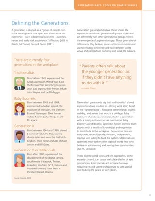 G E N E R AT I O N G A P S : F O C U S O N S H A R E D VA L U E S




Defining the Generations
A generation is defined as a “group of people born            Generation gap analysts believe these shared life
in the same general time span who share some life             experiences condition generational groups to see and
experience—such as big historical events—pastimes,            act differently than other generational groups; hence,
heroes and early work experiences” (Weston, 2001 in           the emergence of a generation gap. These generational
Blauth, McDaniel, Perrin  Perrin, 2011).                     differences, they believe, cause us to communicate and
                                                              use technology differently and have different world-
                                                              views and perspectives on family and work-life balance.


  There are currently four
  generations in the workplace:
                                                                “ arents often talk about
                                                                 P
  Traditionalists                                                the younger generation as
  	        Born before 1945, experienced the                     if they didn’t have anything
  	               Great Depression, World War II,and
  	               the Korean War. According to gener-	
                                                                 to do with it.”
  	               ation gap experts, their heroes	include 	       – Haim Ginott
  	               John Wayne and Joe DiMaggio.

  Baby Boomers
  	               Born between 1945 and 1964, 	               Generation gap experts say that traditionalists’ shared
  	               experienced suburban sprawl, the 	          experiences have resulted in a strong work ethic; belief
  	               explosion of television, the Vietnam 	      in the “greater good”; focus and perseverance; loyalty;
  	               Era and Watergate. Their heroes 	           stability; and a view that work is a privilege. Baby
  	               include Martin Luther King, Jr. and         boomers’ shared experiences resulted in a generation
  	               Dr. Spock.                                  with a strong customer-service orientation. Baby
                                                              boomers are dedicated, optimistic, future-oriented team
  Generation X                                                players with a wealth of knowledge and experience
  	               Born between 1964 and 1980, shared 	        to contribute to the workplace. Generation Xers are
  	               Sesame Street, MTV, PCs, soaring 	          adaptable, technologically proficient, independent,
  	               divorce rates and were the first latch-	    creative and willing to buck the system. Millennials are
  	               key kids. Their heroes include Michael 	    optimistic multi-taskers with a global world view who
  	               Jordan and Bill Gates.                      believe in volunteering and serving their communities
                                                              (AICPA, Undated).
  Generation Y or Millennials
  	               Born after 1980, experienced the 	
                                                              These diverse world views and life approaches, some
  	               development of the digital camera, 	
                                                              experts contend, can cause workplace clashes of epic
  	               social media (Facebook, Twitter, 	
                                                              proportions, lower morale and increase turnover,
  	               LinkedIn), YouTube, 9/11, Katrina and
                                                              requiring HR and talent professionals to take special
  	               increased diversity. Their hero is 	
                                                              care to keep the peace in workplaces.
  	               President Barack Obama.

  Source: Daniels, 2009.




                                                                                                                                  49
 