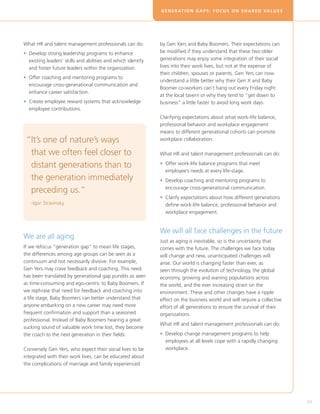 G E N E R AT I O N G A P S : F O C U S O N S H A R E D VA L U E S




What HR and talent management professionals can do:           by Gen Xers and Baby Boomers. Their expectations can
•  evelop strong leadership programs to enhance
  D                                                           be modified if they understand that these two older
  existing leaders’ skills and abilities and which identify   generations may enjoy some integration of their social
  and foster future leaders within the organization.          lives into their work lives, but not at the expense of
                                                              their children, spouses or parents. Gen Yers can now
•  ffer coaching and mentoring programs to
  O
                                                              understand a little better why their Gen X and Baby
  encourage cross-generational communication and
                                                              Boomer co-workers can’t hang out every Friday night
  enhance career satisfaction.
                                                              at the local tavern or why they tend to “get down to
•  reate employee reward systems that acknowledge
  C                                                           business” a little faster to avoid long work days.
  employee contributions.
                                                              Clarifying expectations about what work-life balance,
                                                              professional behavior and workplace engagement
                                                              means to different generational cohorts can promote
 “t’s one of nature’s ways
  I                                                           workplace collaboration.

  that we often feel closer to                                What HR and talent management professionals can do:

  distant generations than to                                 • Offer work-life balance programs that meet
                                                                
                                                                employee’s needs at every life-stage.
  the generation immediately                                  • Develop coaching and mentoring programs to
                                                                

  preceding us.”                                                encourage cross-generational communication.
                                                              • Clarify expectations about how different generations
                                                                
   -Igor Stravinsky                                             define work-life balance, professional behavior and
                                                                workplace engagement.


                                                              We will all face challenges in the future
We are all aging
                                                              Just as aging is inevitable, so is the uncertainty that
If we refocus “generation gap” to mean life stages,           comes with the future. The challenges we face today
the differences among age groups can be seen as a             will change and new, unanticipated challenges will
continuum and not necessarily divisive. For example,          arise. Our world is changing faster than ever, as
Gen Yers may crave feedback and coaching. This need           seen through the evolution of technology, the global
has been translated by generational gap pundits as seen       economy, growing and waning populations across
as time-consuming and ego-centric to Baby Boomers. If         the world, and the ever increasing strain on the
we rephrase that need for feedback and coaching into          environment. These and other changes have a ripple
a life stage, Baby Boomers can better understand that         effect on the business world and will require a collective
anyone embarking on a new career may need more                effort of all generations to ensure the survival of their
frequent confirmation and support than a seasoned             organizations.
professional. Instead of Baby Boomers hearing a great
                                                              What HR and talent management professionals can do:
sucking sound of valuable work time lost, they become
the coach to the next generation in their fields.             • Develop change management programs to help
                                                                
                                                                employees at all levels cope with a rapidly changing
Conversely Gen Yers, who expect their social lives to be        workplace.
integrated with their work lives, can be educated about
the complications of marriage and family experienced




                                                                                                                                  53
 