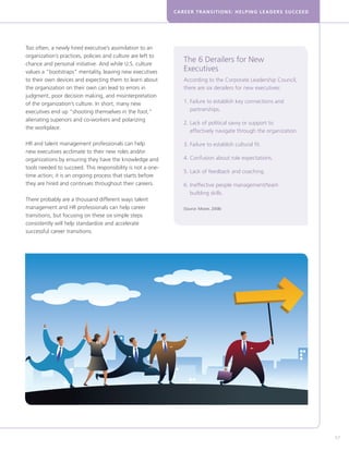 CAREER TRANSITIONS: HELPING LEADERS SUCCEED




Too often, a newly hired executive’s assimilation to an
organization’s practices, policies and culture are left to
chance and personal initiative. And while U.S. culture
                                                                The 6 Derailers for New
values a “bootstraps” mentality, leaving new executives         Executives
to their own devices and expecting them to learn about          According to the Corporate Leadership Council,
the organization on their own can lead to errors in             there are six derailers for new executives:
judgment, poor decision making, and misinterpretation
of the organization’s culture. In short, many new               1. Failure to establish key connections and
                                                                   
executives end up “shooting themselves in the foot,”               partnerships.
alienating superiors and co-workers and polarizing
                                                                2. Lack of political savvy or support to
                                                                   
the workplace.
                                                                   effectively navigate through the organization.

HR and talent management professionals can help                 3. Failure to establish cultural fit.
new executives acclimate to their new roles and/or
organizations by ensuring they have the knowledge and           4. Confusion about role expectations.
tools needed to succeed. This responsibility is not a one-
                                                                5. Lack of feedback and coaching.
time action; it is an ongoing process that starts before
they are hired and continues throughout their careers.          6. Ineffective people management/team
                                                                   
                                                                   building skills.
There probably are a thousand different ways talent
management and HR professionals can help career                 (Source: Moore, 2008)
transitions, but focusing on these six simple steps
consistently will help standardize and accelerate
successful career transitions.




                                                                                                                    57
 