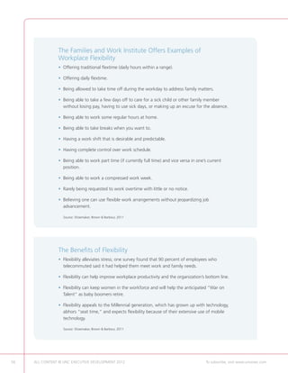 The Families and Work Institute Offers Examples of
                Workplace Flexibility
                •  ffering traditional flextime (daily hours within a range).
                  O

                •  ffering daily flextime.
                  O

                •  eing allowed to take time off during the workday to address family matters.
                  B

                •  eing able to take a few days off to care for a sick child or other family member
                  B
                  without losing pay, having to use sick days, or making up an excuse for the absence.

                •  eing able to work some regular hours at home.
                  B

                •  eing able to take breaks when you want to.
                  B

                •  aving a work shift that is desirable and predictable.
                  H

                •  aving complete control over work schedule.
                  H

                •  eing able to work part time (if currently full time) and vice versa in one’s current
                  B
                  position.

                •  eing able to work a compressed work week.
                  B

                •  arely being requested to work overtime with little or no notice.
                  R

                •  elieving one can use flexible work arrangements without jeopardizing job
                  B
                  advancement.

                   Source: Shoemaker, Brown  Barbour, 2011




                The Benefits of Flexibility
                •  lexibility alleviates stress; one survey found that 90 percent of employees who
                  F
                  telecommuted said it had helped them meet work and family needs.

                •  lexibility can help improve workplace productivity and the organization’s bottom line.
                  F

                •  lexibility can keep women in the workforce and will help the anticipated “War on
                  F
                  Talent” as baby boomers retire.

                •  lexibility appeals to the Millennial generation, which has grown up with technology,
                  F
                  abhors “seat time,” and expects flexibility because of their extensive use of mobile
                  technology.

                   Source: Shoemaker, Brown  Barbour, 2011




56   ALL CONTENT © UNC EXECUTIVE DEVELOPMENT 2012             	                                To subscribe, visit www.uncexec.com
 
