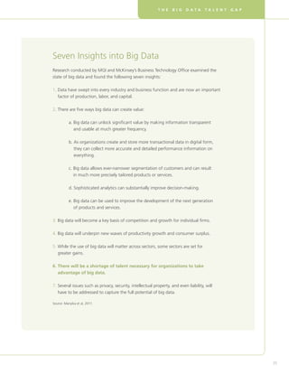 T H E B I G D A T A T A L E N T G A P
35
Seven Insights into Big Data
Research conducted by MGI and McKinsey’s Business Technology Office examined the
state of big data and found the following seven insights:
1. Data have swept into every industry and business function and are now an important
factor of production, labor, and capital.
2. There are five ways big data can create value:
	 a. Big data can unlock significant value by making information transparent
and usable at much greater frequency.
	 b. As organizations create and store more transactional data in digital form,
they can collect more accurate and detailed performance information on
everything.
	 c. Big data allows ever-narrower segmentation of customers and can result
in much more precisely tailored products or services.
	 d. Sophisticated analytics can substantially improve decision-making.
	 e. Big data can be used to improve the development of the next generation
of products and services.
3. Big data will become a key basis of competition and growth for individual firms.
4. Big data will underpin new waves of productivity growth and consumer surplus.
5. While the use of big data will matter across sectors, some sectors are set for
greater gains.
6. There will be a shortage of talent necessary for organizations to take
advantage of big data.
7. Several issues such as privacy, security, intellectual property, and even liability, will
have to be addressed to capture the full potential of big data.
Source: Manyika et al, 2011.
 