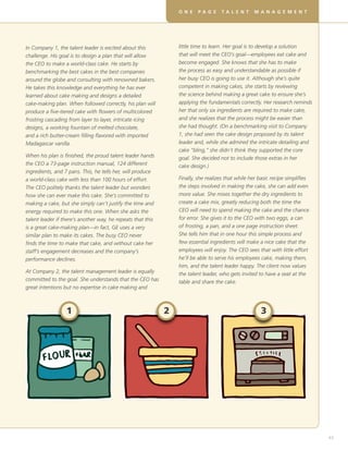 In Company 1, the talent leader is excited about this
challenge. His goal is to design a plan that will allow
the CEO to make a world-class cake. He starts by
benchmarking the best cakes in the best companies
around the globe and consulting with renowned bakers.
He takes this knowledge and everything he has ever
learned about cake making and designs a detailed
cake-making plan. When followed correctly, his plan will
produce a five-tiered cake with flowers of multicolored
frosting cascading from layer to layer, intricate icing
designs, a working fountain of melted chocolate,
and a rich butter-cream filling flavored with imported
Madagascar vanilla.
When his plan is finished, the proud talent leader hands
the CEO a 73-page instruction manual, 124 different
ingredients, and 7 pans. This, he tells her, will produce
a world-class cake with less than 100 hours of effort.
The CEO politely thanks the talent leader but wonders
how she can ever make this cake. She’s committed to
making a cake, but she simply can’t justify the time and
energy required to make this one. When she asks the
talent leader if there’s another way, he repeats that this
is a great cake-making plan—in fact, GE uses a very
similar plan to make its cakes. The busy CEO never
finds the time to make that cake, and without cake her
staff’s engagement decreases and the company’s
performance declines.
At Company 2, the talent management leader is equally
committed to the goal. She understands that the CEO has
great intentions but no expertise in cake making and
little time to learn. Her goal is to develop a solution
that will meet the CEO’s goal—employees eat cake and
become engaged. She knows that she has to make
the process as easy and understandable as possible if
her busy CEO is going to use it. Although she’s quite
competent in making cakes, she starts by reviewing
the science behind making a great cake to ensure she’s
applying the fundamentals correctly. Her research reminds
her that only six ingredients are required to make cake,
and she realizes that the process might be easier than
she had thought. (On a benchmarking visit to Company
1, she had seen the cake design proposed by its talent
leader and, while she admired the intricate detailing and
cake “bling,” she didn’t think they supported the core
goal. She decided not to include those extras in her
cake design.)
Finally, she realizes that while her basic recipe simplifies
the steps involved in making the cake, she can add even
more value. She mixes together the dry ingredients to
create a cake mix, greatly reducing both the time the
CEO will need to spend making the cake and the chance
for error. She gives it to the CEO with two eggs, a can
of frosting, a pan, and a one page instruction sheet.
She tells him that in one hour this simple process and
few essential ingredients will make a nice cake that the
employees will enjoy. The CEO sees that with little effort
he’ll be able to serve his employees cake, making them,
him, and the talent leader happy. The client now values
the talent leader, who gets invited to have a seat at the
table and share the cake.
D E V E L O P I N G R E A L S K I L L S F O R V I RT U A L T E A M SO N E P A G E T A L E N T M A N A G E M E N T
43
2 31
 