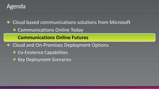 Microsoft Online ServicesEnterprise class software delivered via subscription services hosted by Microsoft and sold with partnersBusiness Productivity Online Suite (BPOS)This session