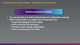Unified Communications in the Cloud via BPOS TodayBPOSOffice CommunicatorOffice Live MeetingExchangeOnlineSharePointOnlineCommunicate more effectivelyConnect with the right person, at the right time, in the right wayCommunications Online & Office Live MeetingOnline Meetings