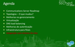 Opções de ImplementaçãoPoC ou TrialData CenterÚnicoMultiplos Data CentersSite PrincipalFiliaisSites que tem Pools de Servidores SE ou EESites que não contém PoolsOrganizações que não requerem alta-disponibilidade podem utilizar o Standard Edition Server (SE),  um único servidor com todos os papeis.