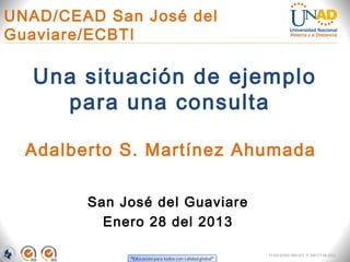 UNAD/CEAD San José del
Guaviare/ECBTI

  Una situación de ejemplo
    para una consulta

  Adalberto S. Martínez Ahumada

        San José del Guaviare
          Enero 28 del 2013

                                FI-GQ-GCMU-004-015 V. 000-27-08-2011
 