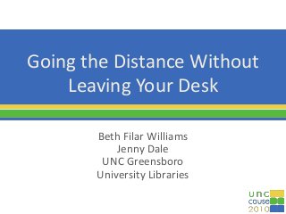 Going the Distance Without
Leaving Your Desk
Beth Filar Williams
Jenny Dale
UNC Greensboro
University Libraries
 
