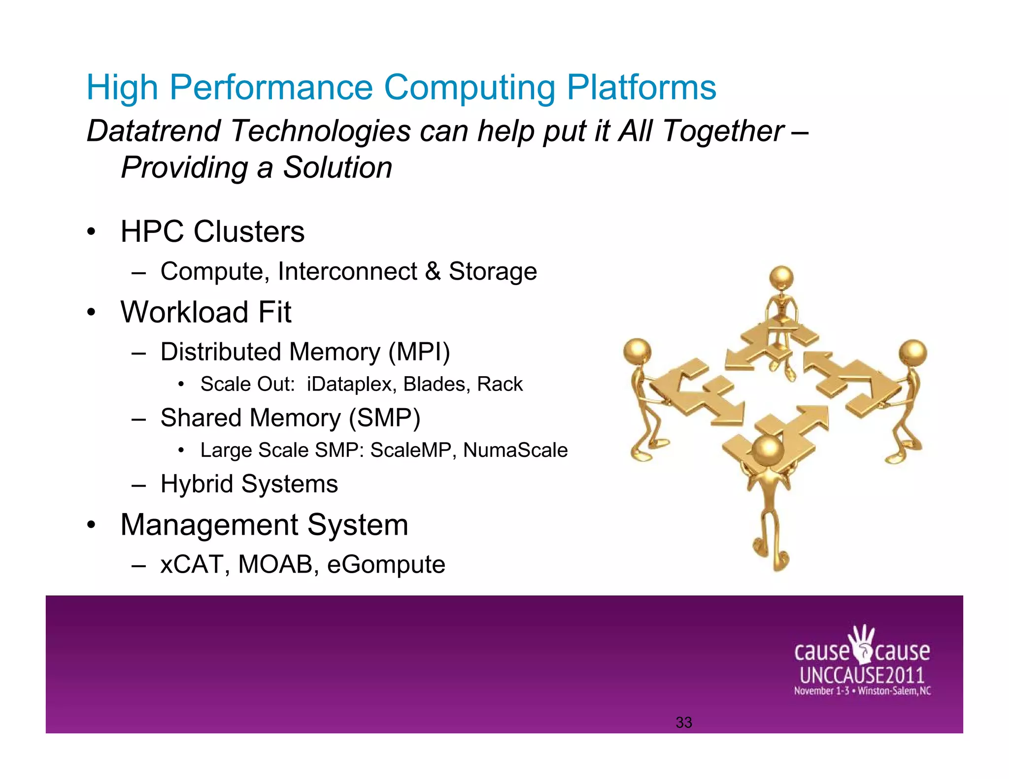 High Performance Computing Platforms
Datatrend Technologies can help put it All Together –
  Providing a Solution

• HPC Clusters
   – Compute, Interconnect & Storage
• Workload Fit
   – Distributed Memory (MPI)
      • Scale Out: iDataplex, Blades, Rack
   – Shared Memory (SMP)
      • Large Scale SMP: ScaleMP, NumaScale
   – Hybrid Systems
• Management System
   – xCAT, MOAB, eGompute




                                              33
 