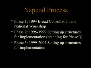 Napcod Process
 Phase 1: 1994 Broad Consultation and
National Workshop
 Phase 2: 1995-1999 Setting up structures
for implementation (planning for Phase 3)
 Phase 3: 1999-2004 Setting up structures
for implementation
 