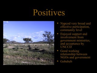 Positives
 Napcod very broad and
effective participation,
community level
 Enjoyed support and
involvement from
government ministries,
and acceptance by
UNCCD
 Good working
relationship between
NGOs and government
 Gobabeb
 
