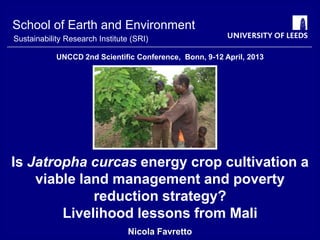 School of Earth and Environment
INSTITUTE FOR CLIMATE AND ATMOSPHERIC SCIENCE
Sustainability Research Institute (SRI)

            UNCCD 2nd Scientific Conference, Bonn, 9-12 April, 2013




Is Jatropha curcas energy crop cultivation a
    viable land management and poverty
             reduction strategy?
        Livelihood lessons from Mali
                                 Nicola Favretto
 