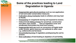 SECRETARIAT OF THE CONVENTION TO COMBAT DESERTIFICATION
SECRETARIAT DE LA CONVENTION SUR LA LUTTE CONTRE LA DESERTIFICATION
UNCCD
Some of the practices leading to Land
Degradation in Uganda
• Inappropriate agricultural practices such as non-application
of soil and water conservation measures
• Cultivation along riverbanks leads to siltation and may lead
to floods.
• Overgrazing on rangelands leaving soil exposed to erosion.
• Indiscriminate felling of trees for wood fuel, construction
and other uses causes loss of vegetative cover and
windbreaks that protect the land from erosion.
• Inappropriate land use such as conversion of fragile lands
under forests, game reserves and wetlands to other uses
e.g. settlements and farmland.
• Uncontrolled burning of vegetation predisposing the soil to
erosion.
• Over-cultivation of land leading to depletion of soil fertility.
 