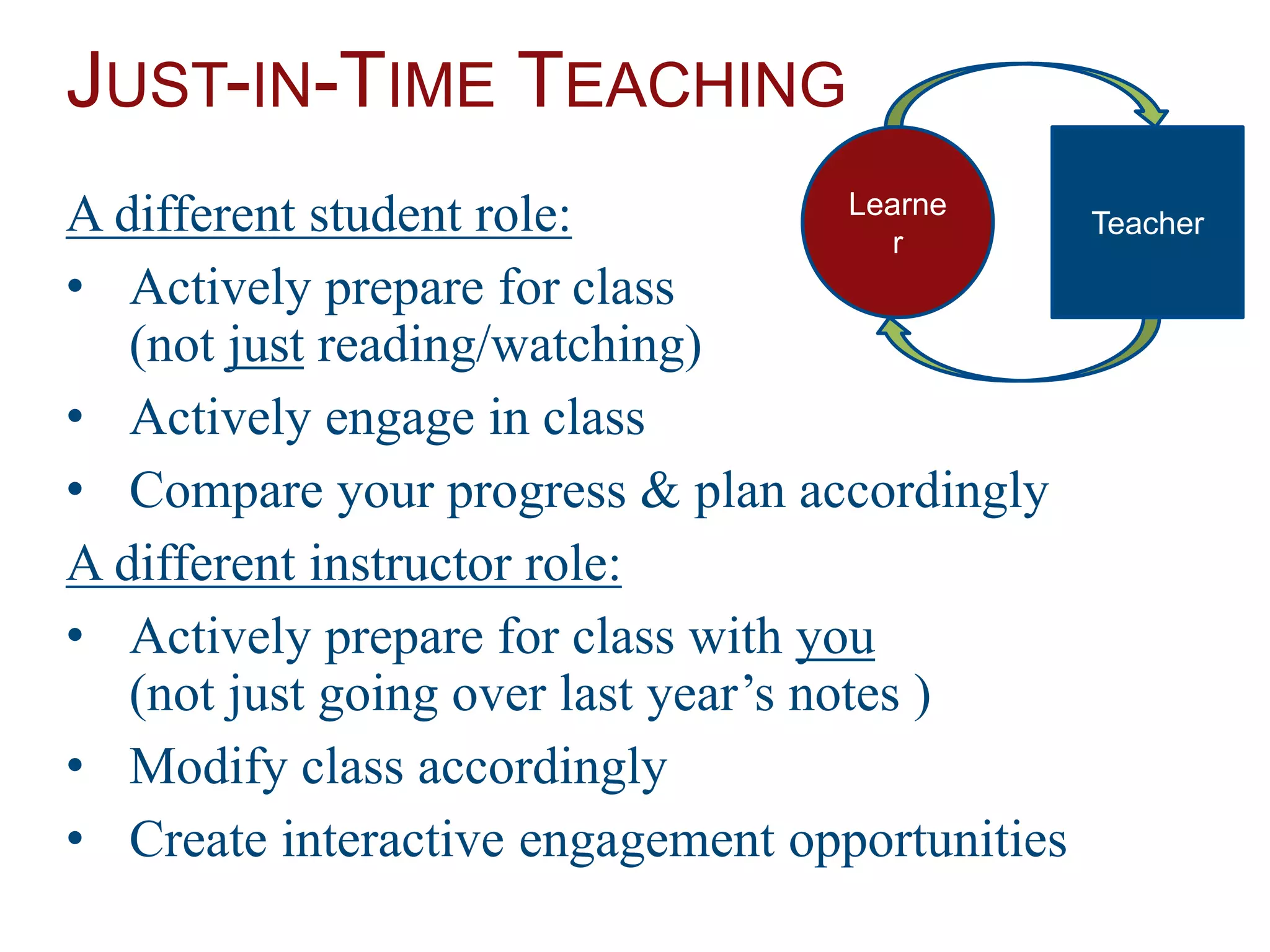 JUST-IN-TIME TEACHING
A different student role:
• Actively prepare for class
(not just reading/watching)
• Actively engage in class
• Compare your progress & plan accordingly
A different instructor role:
• Actively prepare for class with you
(not just going over last year’s notes )
• Modify class accordingly
• Create interactive engagement opportunities
Learne
r
Teacher
 