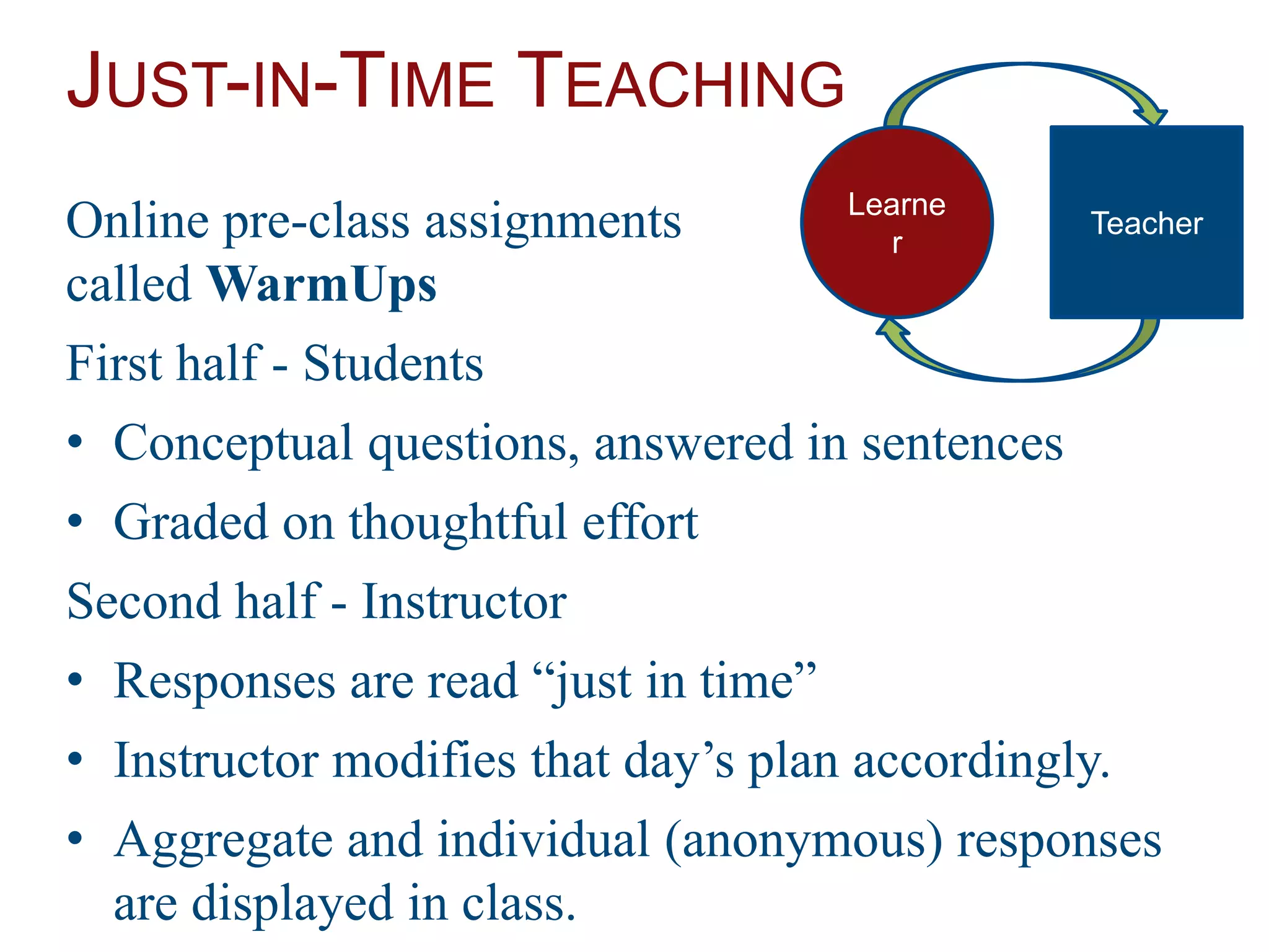 JUST-IN-TIME TEACHING
Online pre-class assignments
called WarmUps
First half - Students
• Conceptual questions, answered in sentences
• Graded on thoughtful effort
Second half - Instructor
• Responses are read “just in time”
• Instructor modifies that day’s plan accordingly.
• Aggregate and individual (anonymous) responses
are displayed in class.
Learne
r
Teacher
 