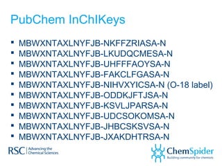 PubChem InChIKeys
 MBWXNTAXLNYFJB-NKFFZRIASA-N
 MBWXNTAXLNYFJB-LKUDQCMESA-N
 MBWXNTAXLNYFJB-UHFFFAOYSA-N
 MBWXNTAXLNYFJB-FAKCLFGASA-N
 MBWXNTAXLNYFJB-NIHVXYICSA-N (O-18 label)
 MBWXNTAXLNYFJB-ODDKJFTJSA-N
 MBWXNTAXLNYFJB-KSVLJPARSA-N
 MBWXNTAXLNYFJB-UDCSOKOMSA-N
 MBWXNTAXLNYFJB-JHBCSKSVSA-N
 MBWXNTAXLNYFJB-JXAKDHTRSA-N
 