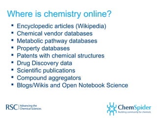 Where is chemistry online?
 Encyclopedic articles (Wikipedia)
 Chemical vendor databases
 Metabolic pathway databases
 Property databases
 Patents with chemical structures
 Drug Discovery data
 Scientific publications
 Compound aggregators
 Blogs/Wikis and Open Notebook Science
 