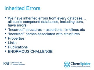 Inherited Errors
 We have inherited errors from every database…
all public compound databases, including ours,
have errors
 “Incorrect” structures – assertions, timelines etc
 “Incorrect” names associated with structures
 Properties
 Links
 Publications
 ENORMOUS CHALLENGE
 