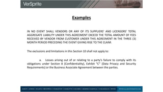 Examples
IN NO EVENT SHALL VENDORS OR ANY OF ITS SUPPLIERS’ AND LICENSORS’ TOTAL
AGGREGATE LIABILITY UNDER THIS AGREEMENT EXCEED THE TOTAL AMOUNT OF FEES
RECEIVED BY VENDOR FROM CUSTOMER UNDER THIS AGREEMENT IN THE THREE (3)
MONTH PERIOD PRECEDING THE EVENT GIVING RISE TO THE CLAIM.
The exclusions and limitations in this Section 10 shall not apply to:
a. Losses arising out of or relating to a party’s failure to comply with its
obligations under Section 8 (Confidentiality), Exhibit “C” (Data Privacy and Security
Requirements) or the Business Associate Agreement between the parties.
 