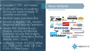  Founded in 2007, Self Funded
 Employees across 4 Countries |
Serving the needs of nearly 10
countries world wide
 Blackhat meets Suit meets Risk
 Services in AppSec, GRC, Incident
Response, and Security Operations.
 Vendor Risk, Business Impact
Analysis, Security Architecture,
Enterprise Security Risk Analysis,
Threat Models, Penetration Testing
(Mobile, Web, Cloud)
 FedRamp, FISMA, PCI-DSS, HIPAA,
ISO 27001, EI3PA, NERC CIP, CSA,
FCRA, EU Data Privacy
About VerSprite
T R U E S P I R I T E D S E C U R I T Y
 