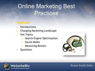 Online Marketing Best Practices Agenda Introductions Changing Marketing Landscape Hot Topics Search Engine Optimization Social Media Measuring Results Questions 