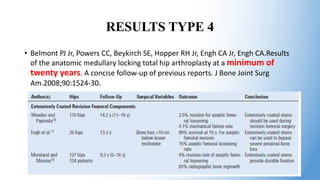 RESULTS TYPE 4
• Belmont PJ Jr, Powers CC, Beykirch SE, Hopper RH Jr, Engh CA Jr, Engh CA.Results
of the anatomic medullary locking total hip arthroplasty at a minimum of
twenty years. A concise follow-up of previous reports. J Bone Joint Surg
Am.2008;90:1524-30.
23
 