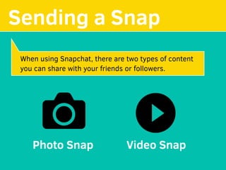 MAKE YOUR
Sending a Snap
Photo Snap Video Snap
When using Snapchat, there are two types of content
you can share with your friends or followers.
 