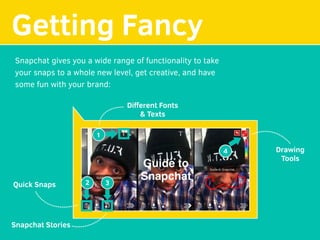 MAKE YOUR
Getting Fancy
1
2 3
4
Snapchat gives you a wide range of functionality to take
your snaps to a whole new level, get creative, and have
some fun with your brand:
Diﬀerent Fonts
& Texts
Quick Snaps
Snapchat Stories
Drawing
Tools
 
