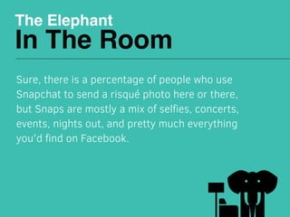 The Elephant
In The Room
Sure, there is a percentage of people who use
Snapchat to send a risqué photo here or there,
but ...