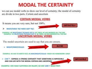 MODAL THE CERTAINTY
we can use modal verbs to show our level of certainty; the modal of certainty
are divide in two parts. Certain and uncertain
 MUST/HAVE TO/ HAVE GOT TO/:
 MIGHT/MAY/COULD:
 CAN´T : EXPRESS A STRONG CERTAINTY THAT SOMETHING IS IMPOSSIBLE
AND CAN USE WITH THE MODAL CERTAIN AND UNCERTAIN
CERTAIN MODAL VERBS
UNCERTAIN MODAL VERBS
IMPOSSIBLE
MAYBE
DEFINITELY
EXAMPLE: SHE HAVE SUFFERED AN INJURY, SO SHE CAN´T WALK FAST.
EXAMPLE: HE HAS TO WRITE FAST, HE MAY/MIGHT/COULD FINISH HIS HOMEWORK EARLY
The modal uncertain are used to say that you are unsure.
It means you are very sure, but not 100%.
EXAMPLE: HE MUST/HAVE TO/HAVE GOT O BE TIRED, HE HAS WORKED ALL THE DAY
EXAMPLE: HE MUST/HAVE TO/HAVE GOT O BE TIRED, HE HAS WORKED ALL THE DAY
 