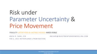 Risk under
Parameter Uncertainty &
Price Movement
FRAGILITY–LATENT RISKS & UNSTABLE HEDGES–MADE VISIBLE
ANISH R. SHAH, CFA ANISHRS@INVESTMENTGRADEMODELING.COM
FEB 2, 2021 NETHERLANDS (FROM BOSTON)
ANISHRS@INVESTMENTGRADEMODELING.COM
© 2021 ANISH SHAH
 