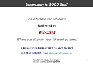 Excalibre: where you discover your
inherent potential. Cell 9818812102
1
Uncertainty is GOOD Stuff
An interface for achievers
facilitated by
EXCALIBRE
Where you discover your inherent potential
D 138 sector 36, Noida. 210303. Tel 0120-4325630
Cell 91-9818812102. Email ks.ahluwalia@yahoo.com
 