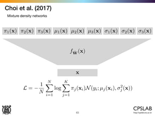 Choi et al. (2017)
63
Mixture density networks
x
µ1(x) µ2(x) µ3(x)⇡1(x) ⇡2(x) ⇡3(x) 1(x) 2(x) 3(x)
f ˆW(x)
L =
1
N
NX
i=1
log
KX
j=1
⇡j(xi)N(yi; µj(xi), 2
j (x))
 