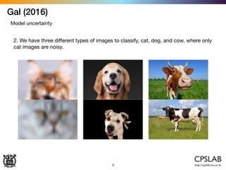Gal (2016)
9
Model uncertainty
2. We have three diﬀerent types of images to classify, cat, dog, and cow, where only
cat images are noisy.
 