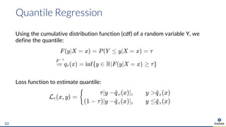Using the cumulative distribution function (cdf) of a random variable Y, we
define the quantile:
Loss function to estimate quantile:
Quantile Regression
33
 