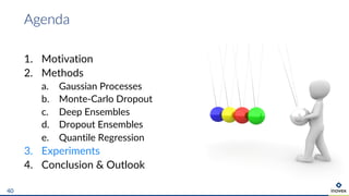 1. Motivation
2. Methods
a. Gaussian Processes
b. Monte-Carlo Dropout
c. Deep Ensembles
d. Dropout Ensembles
e. Quantile Regression
3. Experiments
4. Conclusion & Outlook
Agenda
40
 