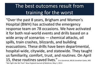 The best outcomes result from
training for the worst
“Over the past 8 years, Brigham and Women's
Hospital (BWH) has activated the emergency
response team on 78 occasions. We have activated
it for both real-world events and drills based on a
wide array of scenarios — chemical attacks, oil
spills, train crashes, blizzards, and building
evacuations. These drills have been departmental,
hospital-wide, citywide, and statewide. They taught
us familiarity, comfort, trust, and routines. On April
15, these routines saved lives.” Eric Goralnick, MD & Jonathan Gates, MD
“We Fight Like We Train” New England Journal of Medicine, May 1, 2013
 