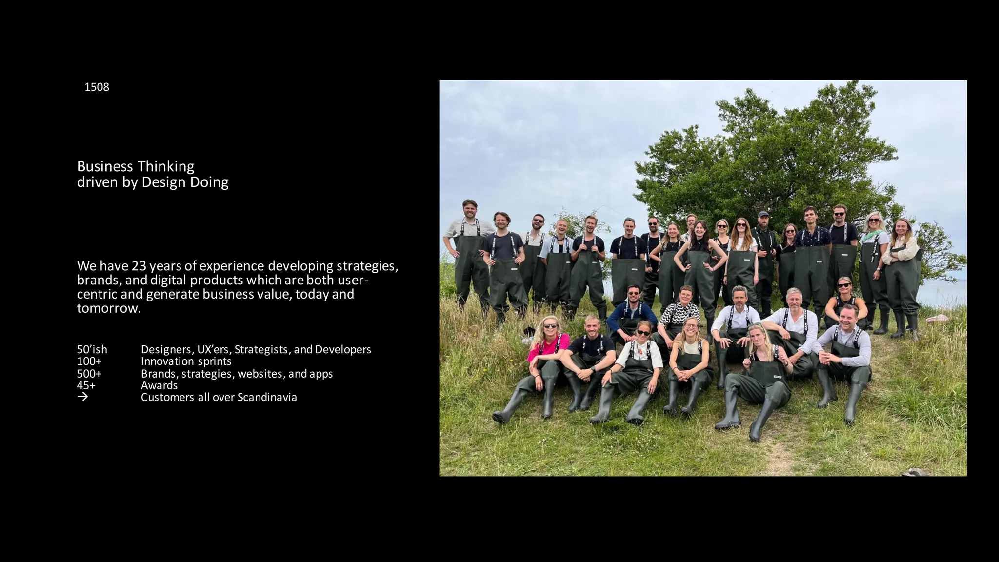 1508
Business Thinking
driven by Design Doing
We have 23 years of experience developing strategies,
brands, and digital products which areboth user-
centric and generate business value, today and
tomorrow.
50’ish Designers, UX’ers, Strategists, and Developers
100+ Innovation sprints
500+ Brands, strategies, websites, and apps
45+ Awards
→ Customers all over Scandinavia
 