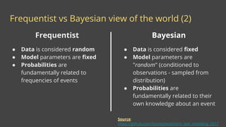 Frequentist vs Bayesian view of the world (2)
Frequentist
● Data is considered random
● Model parameters are fixed
● Probabilities are
fundamentally related to
frequencies of events
Source:
https://github.com/fonnesbeck/intro_stat_modeling_2017
Bayesian
● Data is considered fixed
● Model parameters are
"random" (conditioned to
observations - sampled from
distribution)
● Probabilities are
fundamentally related to their
own knowledge about an event
 