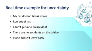 Real time example for uncertainty
• My car doesn’t break down
• Run out of gas
• I don’t get in to an accident
• There are no accidents on the bridge
• Plane doesn’t leave early
 