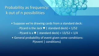 Probability as frequency:
k out of n possibilities
• Suppose we’re drawing cards from a standard deck:
- P(card is the Jack ♥ | standard deck) = 1/52
- P(card is a ♣ | standard deck) = 13/52 = 1/4
• General probability of event given some conditions:
P(event | conditions)
 