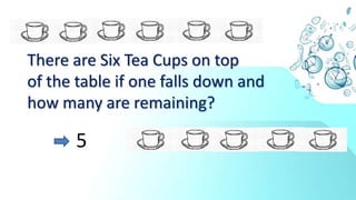 There are Six Tea Cups on top
of the table if one falls down and
how many are remaining?
5
 