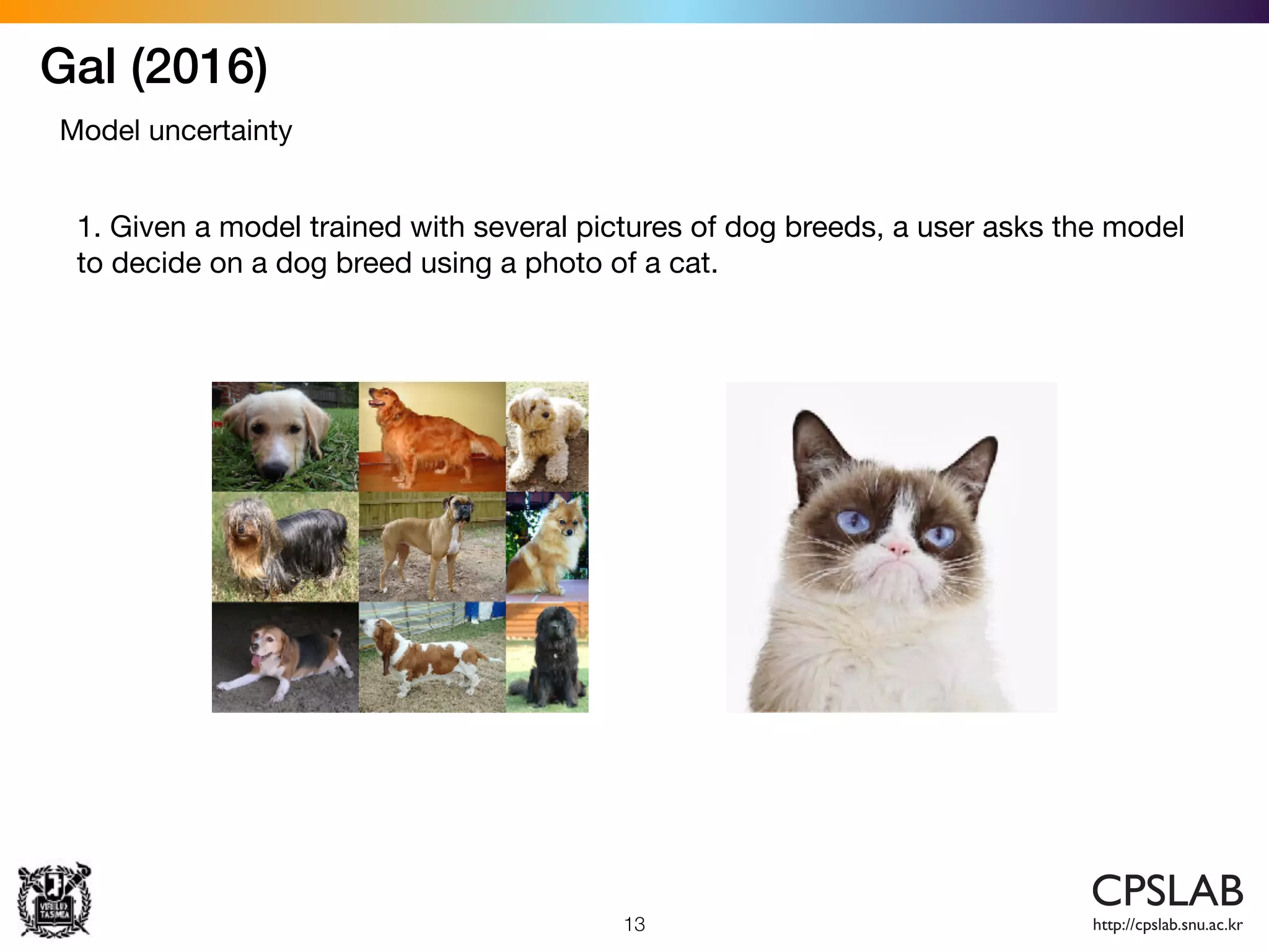 Gal (2016)
13
Model uncertainty
1. Given a model trained with several pictures of dog breeds, a user asks the model
to decide on a dog breed using a photo of a cat.
 
