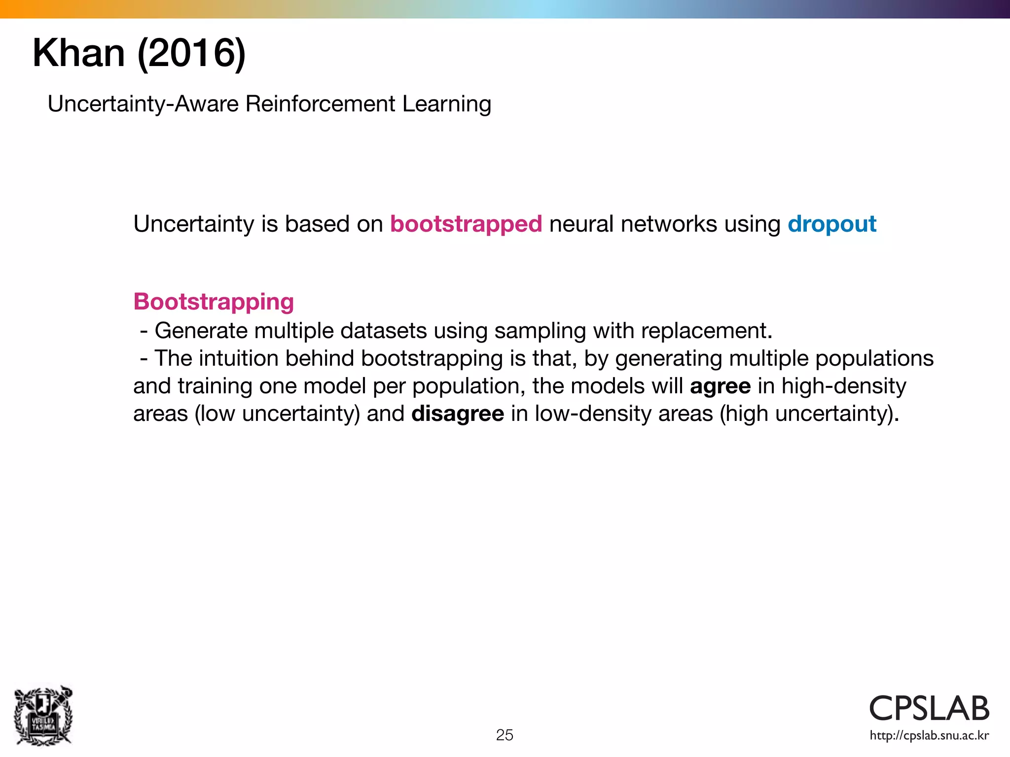 Khan (2016)
25
Uncertainty-Aware Reinforcement Learning
Uncertainty is based on bootstrapped neural networks using dropout
Bootstrapping

- Generate multiple datasets using sampling with replacement. 

- The intuition behind bootstrapping is that, by generating multiple populations
and training one model per population, the models will agree in high-density
areas (low uncertainty) and disagree in low-density areas (high uncertainty).
 