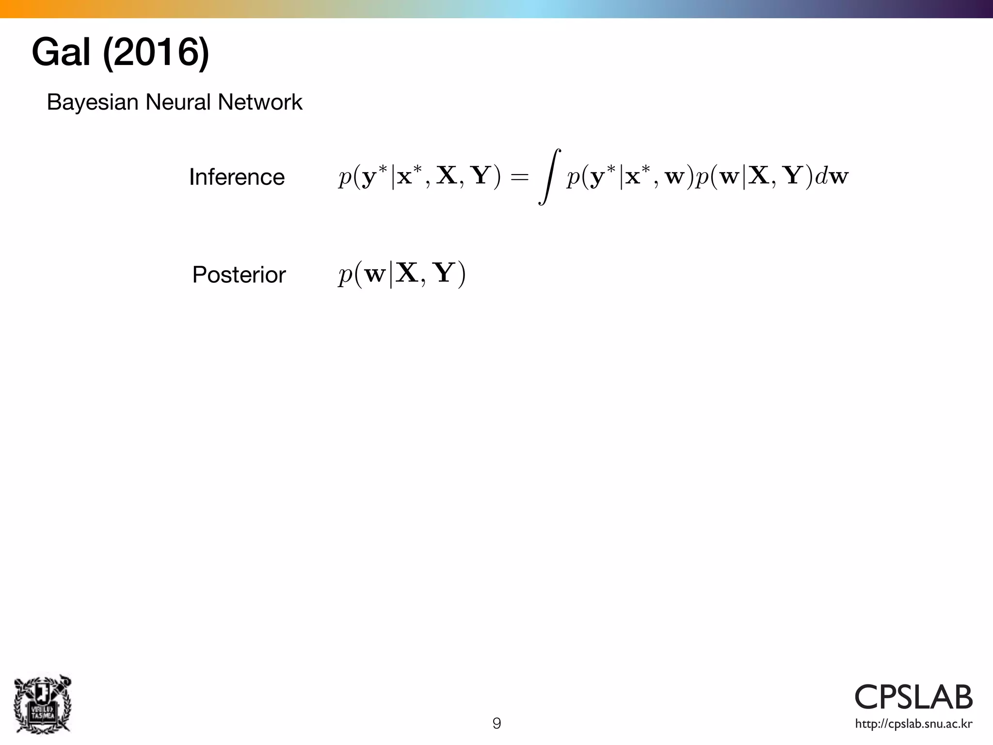 Gal (2016)
9
Bayesian Neural Network
p(y⇤
|x⇤
, X, Y) =
Z
p(y⇤
|x⇤
, w)p(w|X, Y)dwInference
p(w|X, Y)Posterior
 