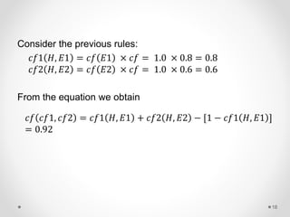 Consider the previous rules:
𝑐𝑓1 𝐻, 𝐸1 = 𝑐𝑓 𝐸1 × 𝑐𝑓 = 1.0 × 0.8 = 0.8
𝑐𝑓2 𝐻, 𝐸2 = 𝑐𝑓 𝐸2 × 𝑐𝑓 = 1.0 × 0.6 = 0.6
From the equation we obtain
𝑐𝑓 𝑐𝑓1, 𝑐𝑓2 = 𝑐𝑓1 𝐻, 𝐸1 + 𝑐𝑓2 𝐻, 𝐸2 − [1 − 𝑐𝑓1 𝐻, 𝐸1 ]
= 0.92
18
 