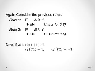 Again Consider the previous rules:
Rule 1: IF A is X
THEN C is Z {cf 0.8}
Rule 2: IF B is Y
THEN C is Z {cf 0.6}
Now, if we assume that
𝑐𝑓 𝐸1 = 1, 𝑐𝑓 𝐸2 = −1
19
 