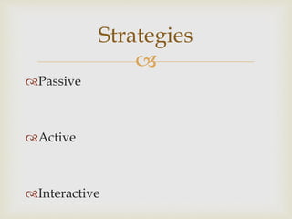 
Passive
Active
Interactive
Strategies
 