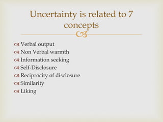 
 Verbal output
 Non Verbal warmth
 Information seeking
 Self-Disclosure
 Reciprocity of disclosure
 Similarity
 Liking
Uncertainty is related to 7
concepts
 